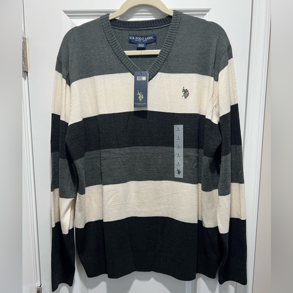New US Polo Assn. Men's LT WT V Neck Sweater Large Gray Black White NWT $60